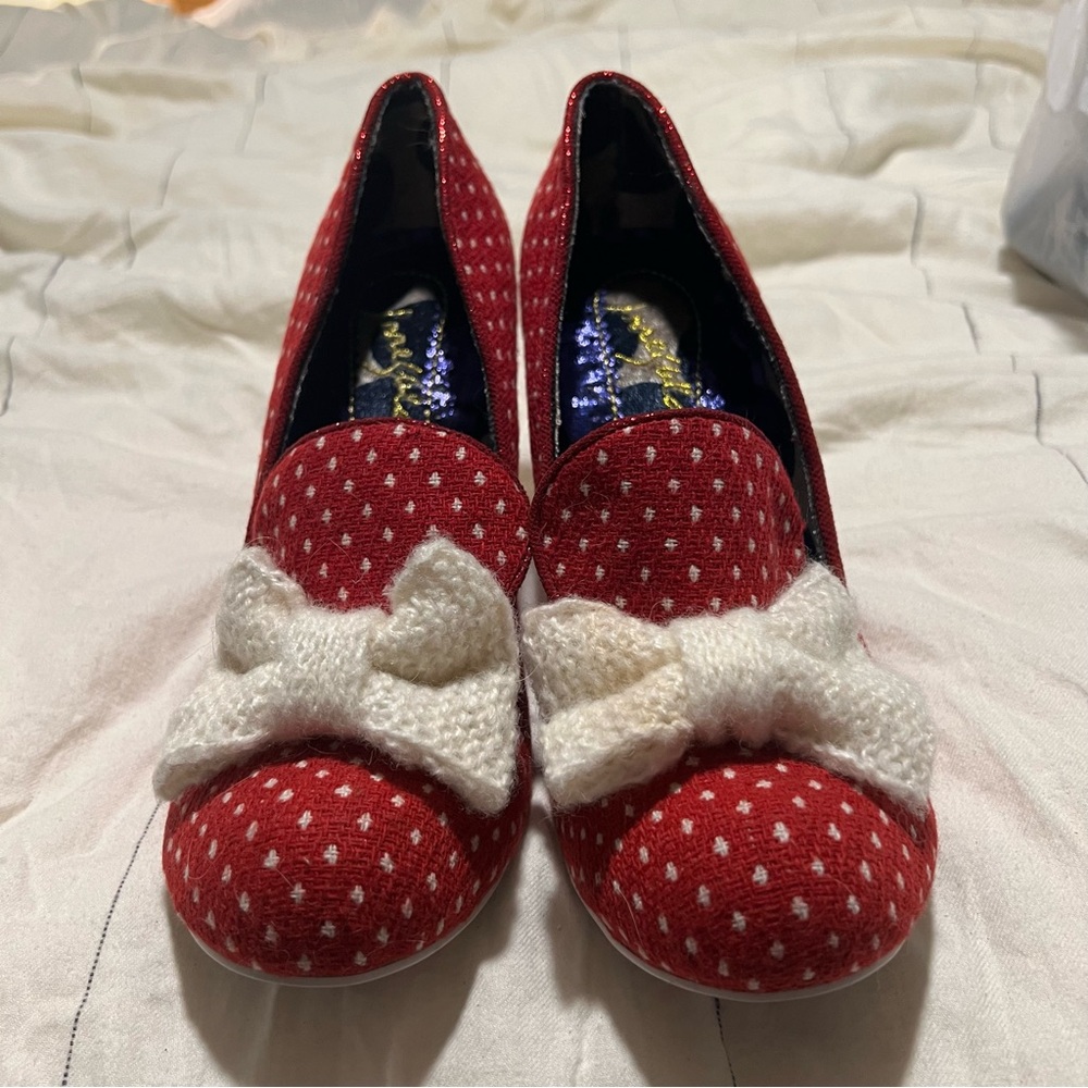 Irregular Choice Red Polka Dot Bow Pumps Retro Vintage Lucite Heel Holiday Cheer